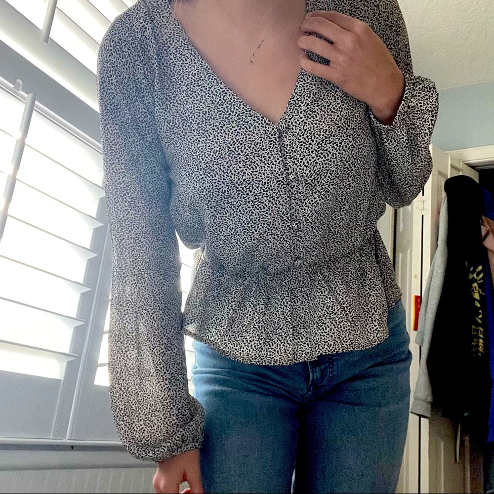 Sienna Sky Dalmatian Peplum Long Sleeve Blouse NWT